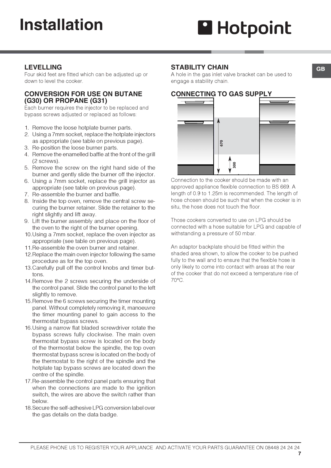 Hotpoint HUG61K Levelling, Conversion for USE on Butane G30 or Propane G31, Stability Chain, Connecting to GAS Supply 