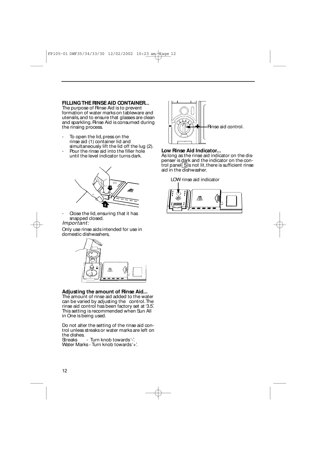 Hotpoint DWF35, DWF34, DWF30, DWF33 Filling the Rinse AID Container, Adjusting the amount of Rinse Aid 