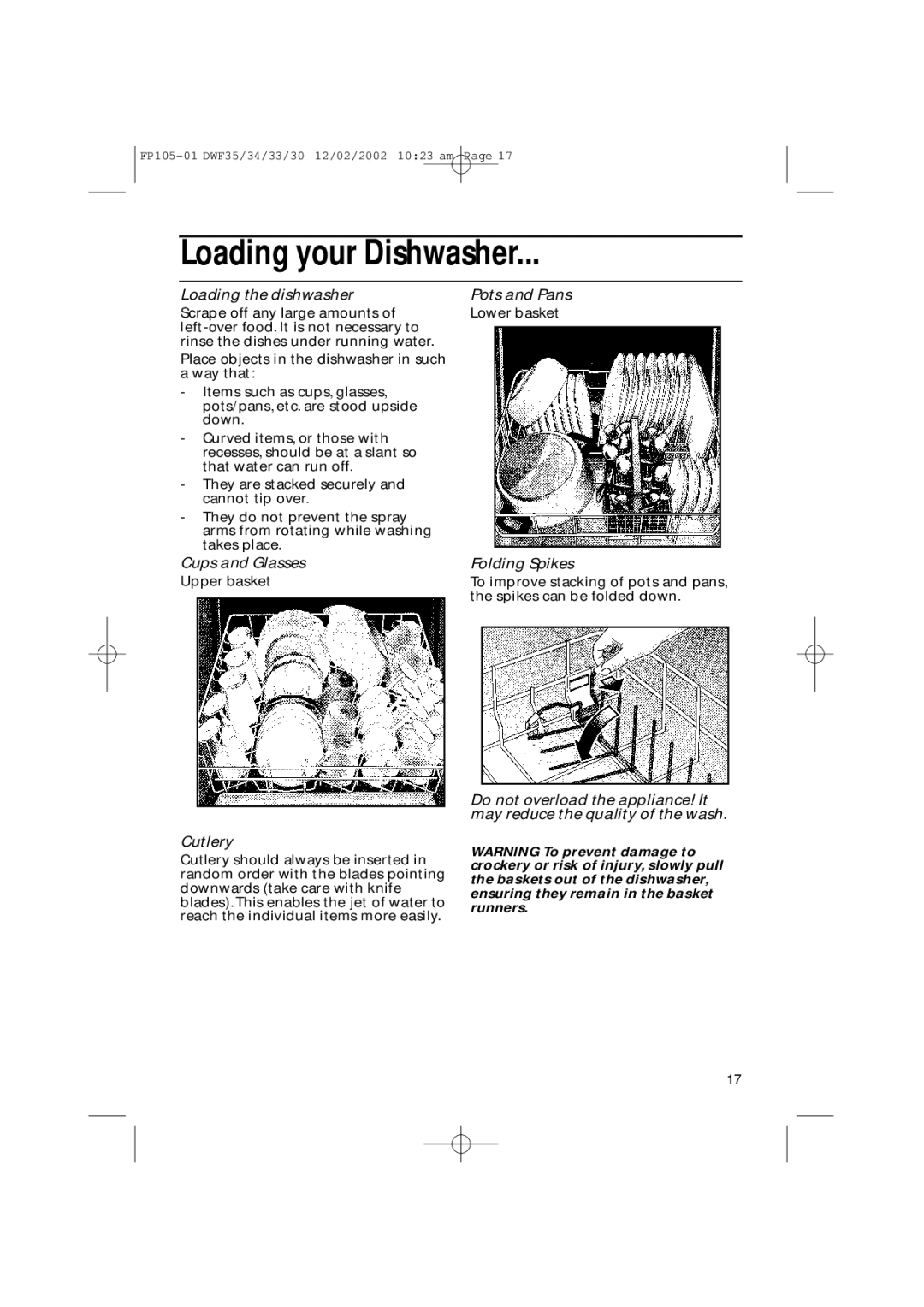 Hotpoint DWF34 Loading your Dishwasher, Loading the dishwasher Pots and Pans, Cups and Glasses, Cutlery, Folding Spikes 