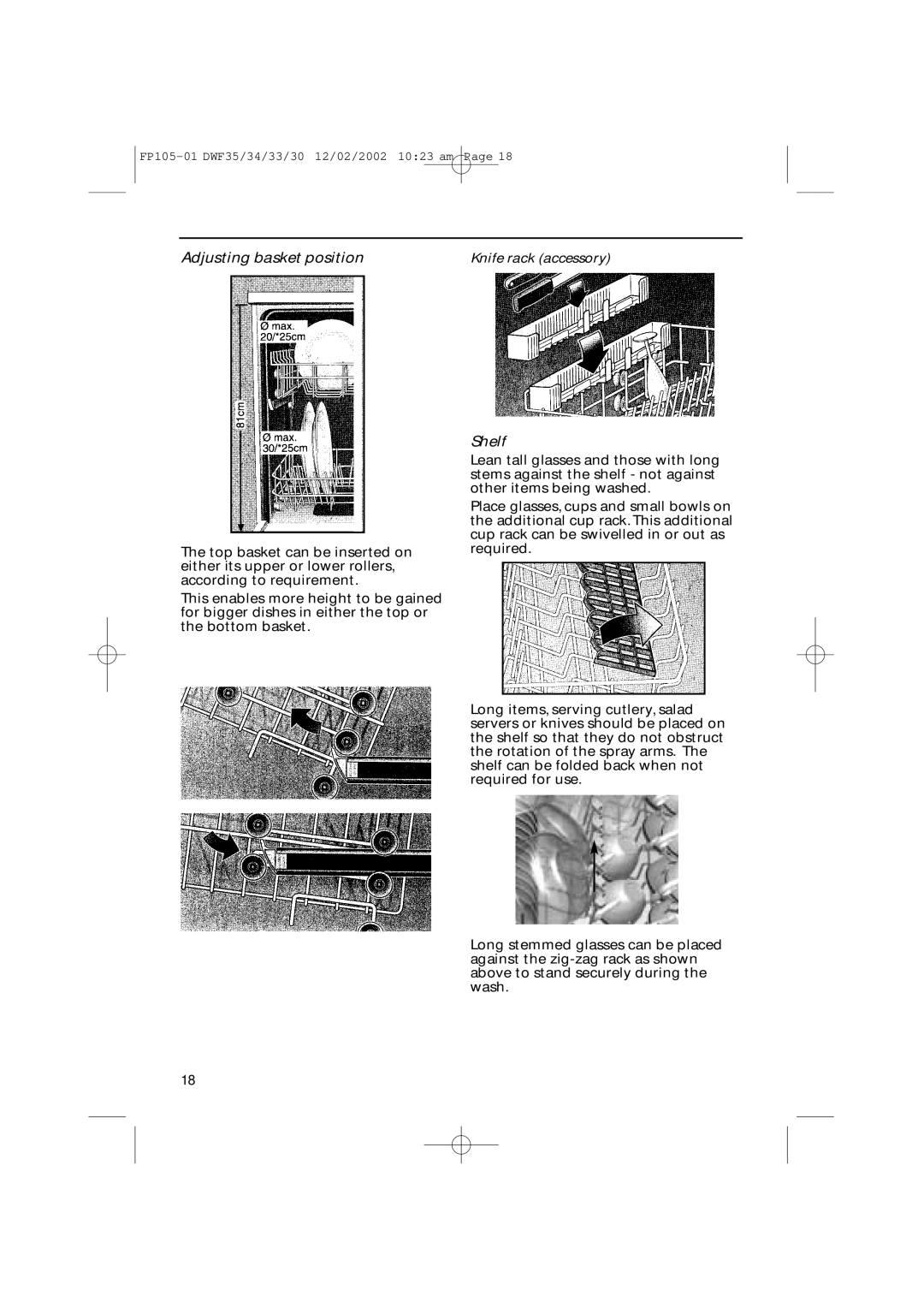 Hotpoint DWF30, DWF35, DWF34, DWF33 installation instructions Adjusting basket position, Shelf 