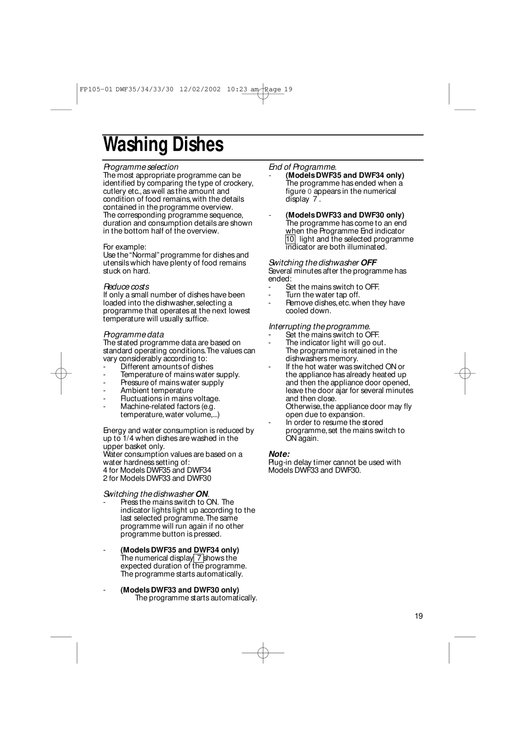 Hotpoint DWF33, DWF35, DWF34, DWF30 installation instructions Washing Dishes 