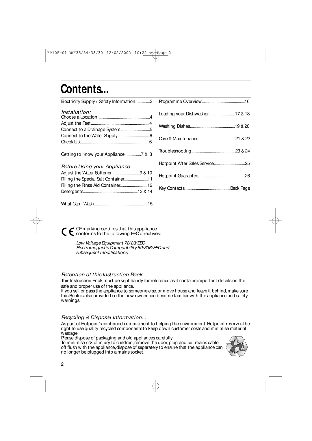 Hotpoint DWF30, DWF35, DWF34, DWF33 installation instructions Contents 