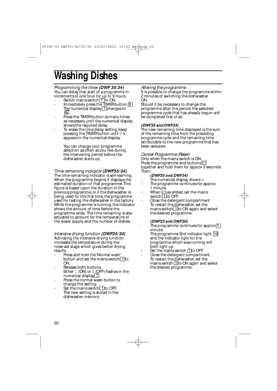 Hotpoint DWF34 Programming the timer DWF 35/34, Time-remaining indicator DWF35/34, Intensive drying function DWF35/34 