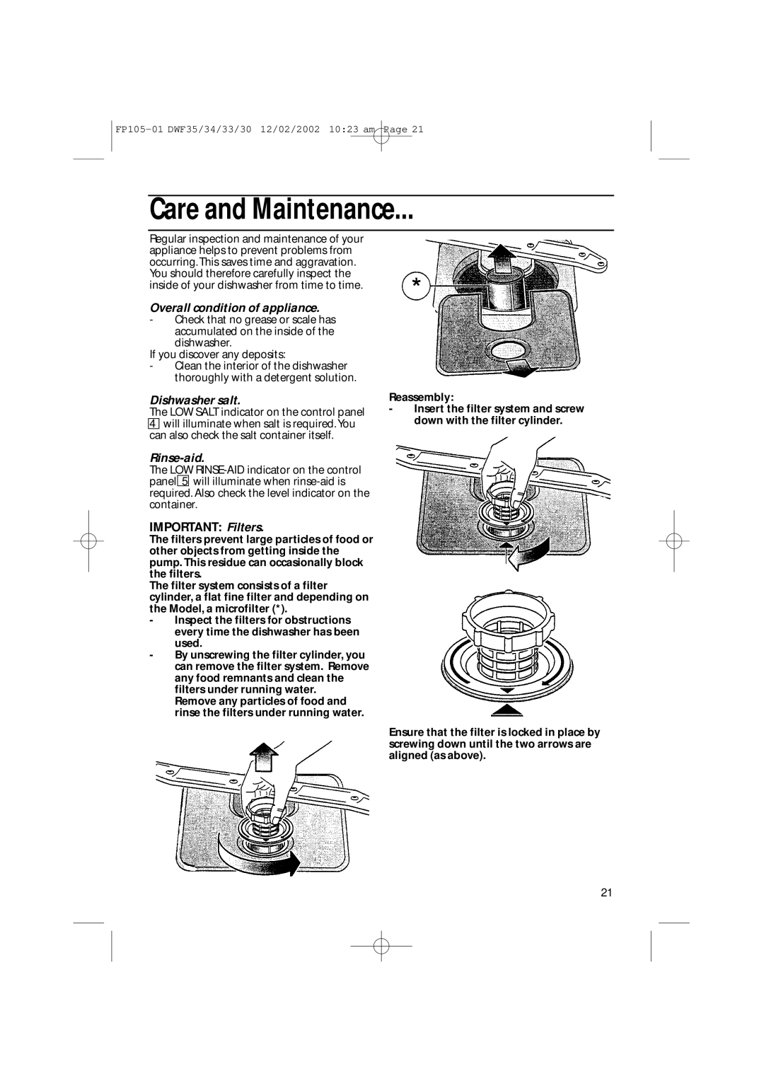 Hotpoint DWF34, DWF35, DWF30 Care and Maintenance, Overall condition of appliance, Dishwasher salt, Rinse-aid, Reassembly 