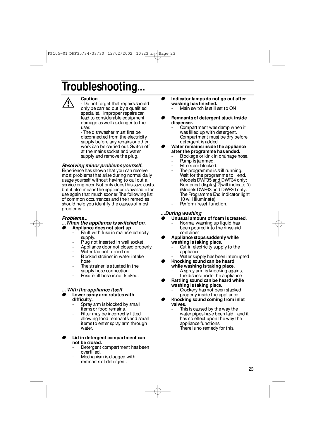 Hotpoint DWF33, DWF35, DWF34 Troubleshooting, Resolving minor problems yourself, Problems When the appliance is switched on 