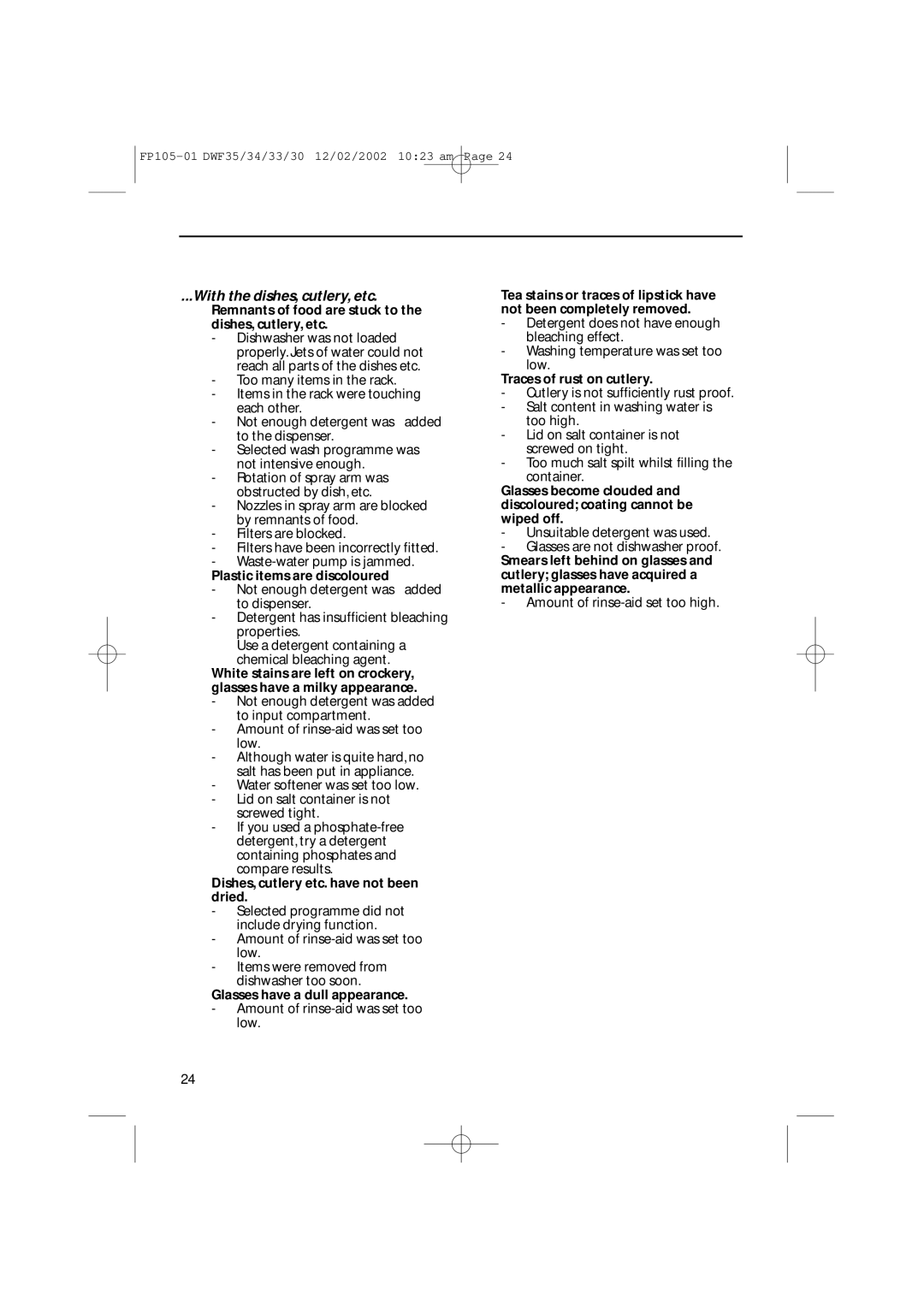 Hotpoint DWF35, DWF34, DWF30, DWF33 installation instructions With the dishes, cutlery, etc 