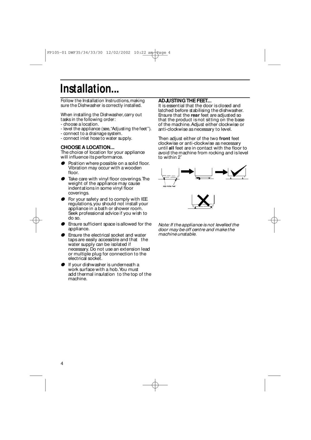 Hotpoint DWF35, DWF34, DWF30, DWF33 installation instructions Installation, Choose a Location, Adjusting the Feet 