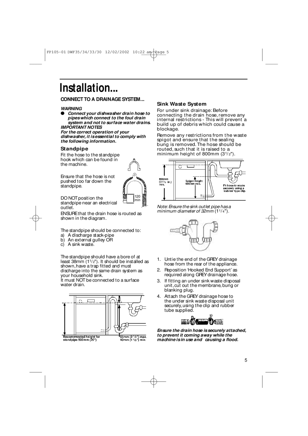 Hotpoint DWF34, DWF35, DWF30, DWF33 installation instructions Connect to a Drainage System, Important Notes 