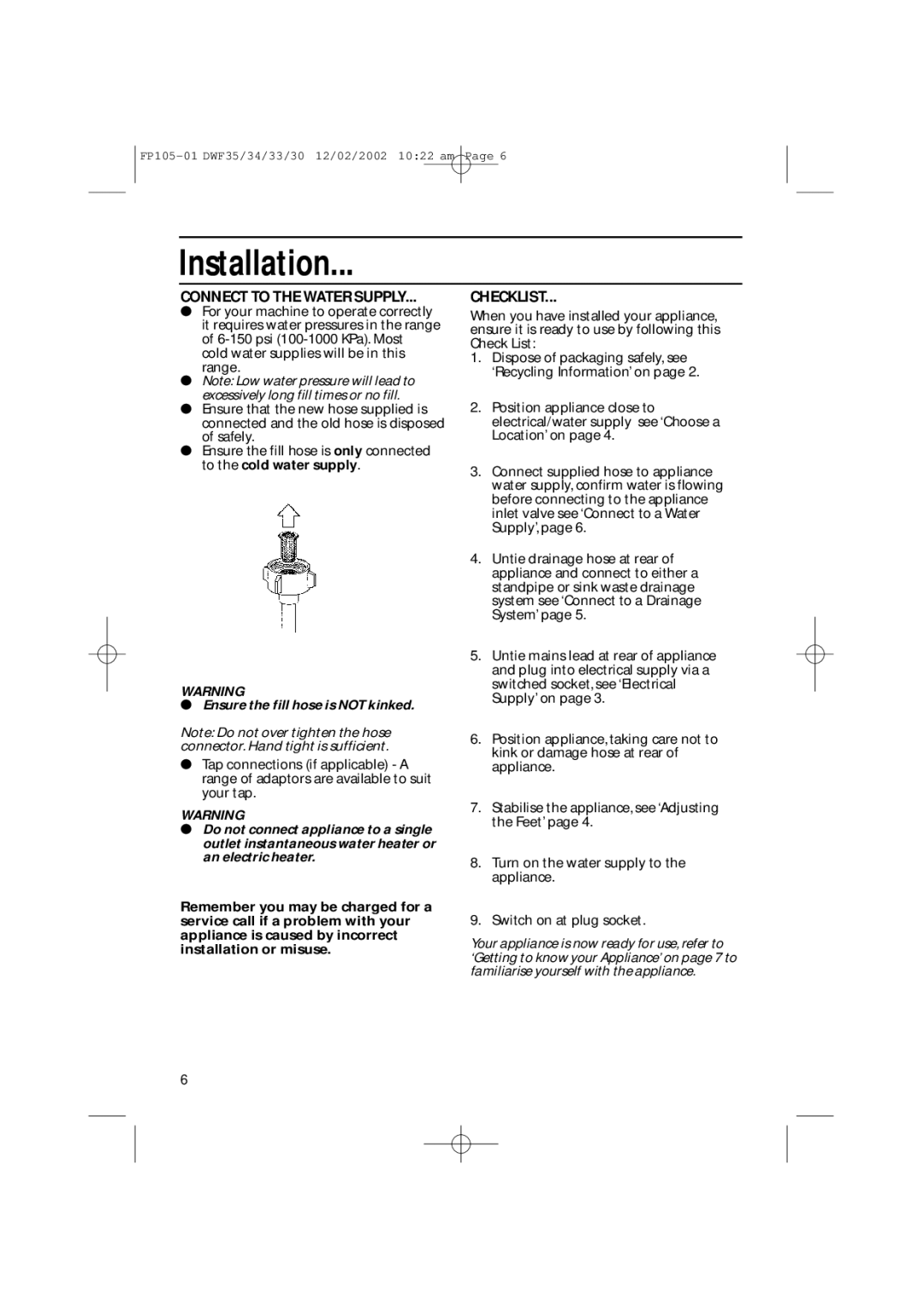 Hotpoint DWF30, DWF35, DWF34, DWF33 installation instructions Connect to the Water Supply, Checklist 