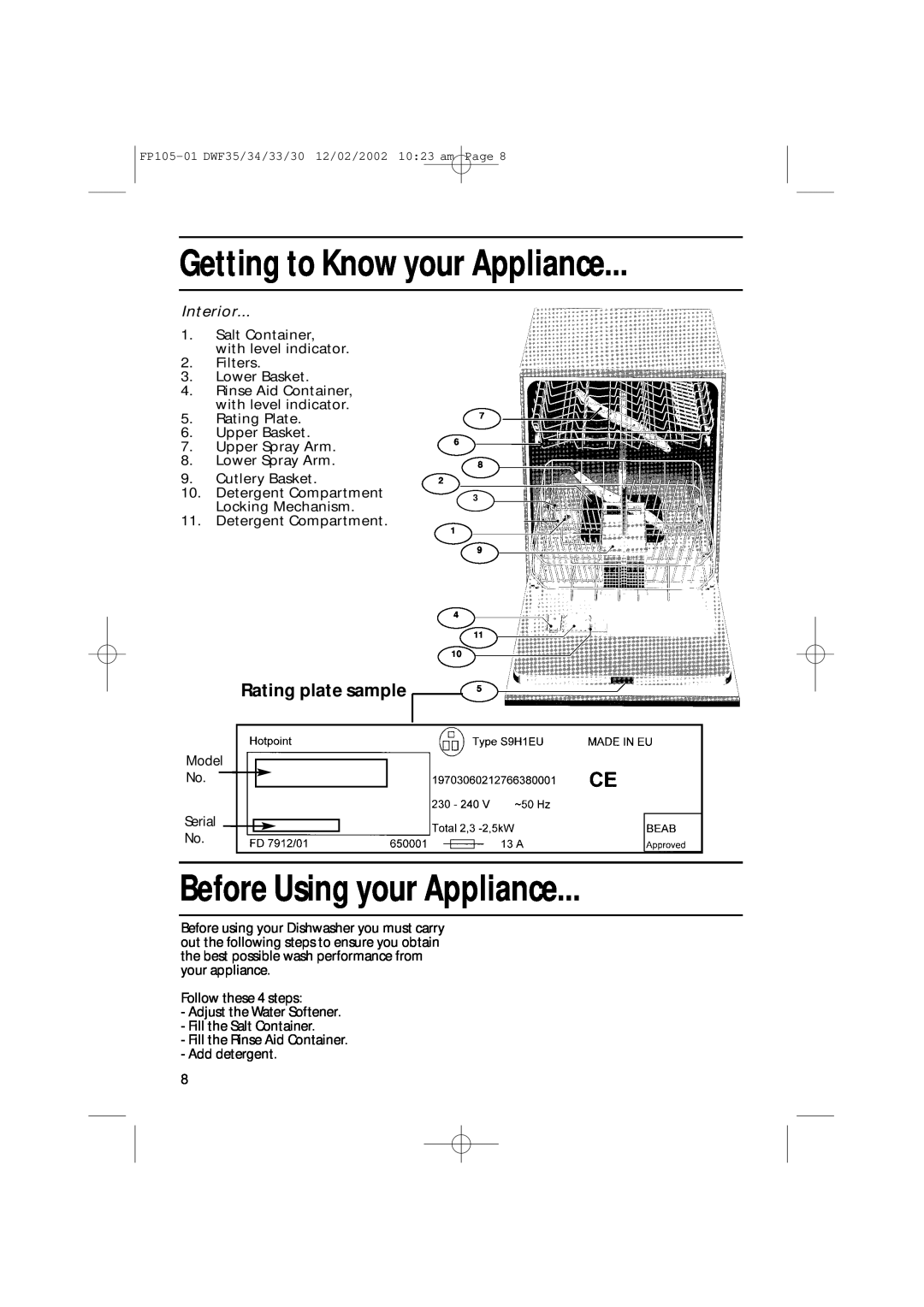 Hotpoint DWF35, DWF34, DWF30 Before Using your Appliance, Interior, Getting to Know your Appliance, Rating plate sample 