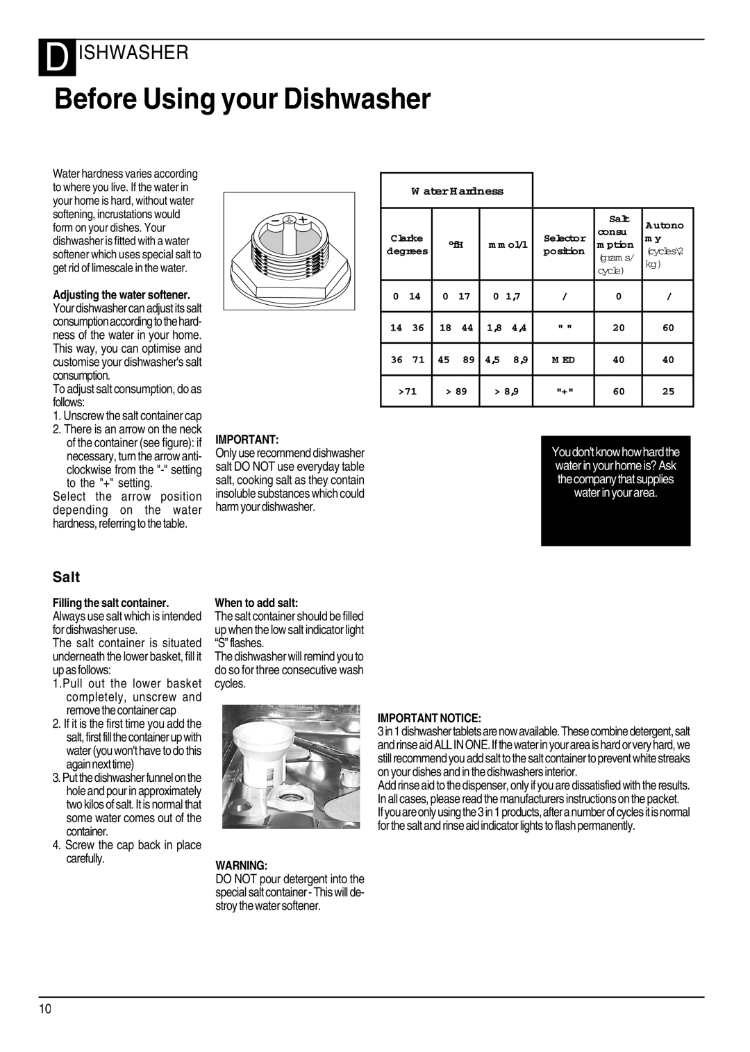 Hotpoint DWF40 manual Before Using your Dishwasher, To adjust salt consumption, do as follows, Filling the salt container 