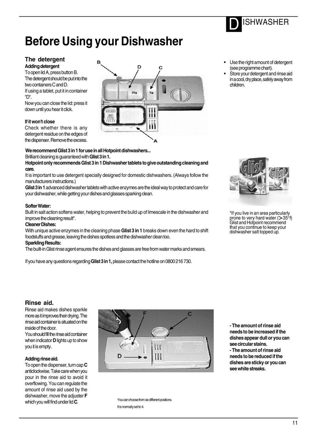 Hotpoint DWF40 manual Adding detergent, If it wont close, Softer Water, Cleaner Dishes, Sparkling Results, Adding rinse aid 