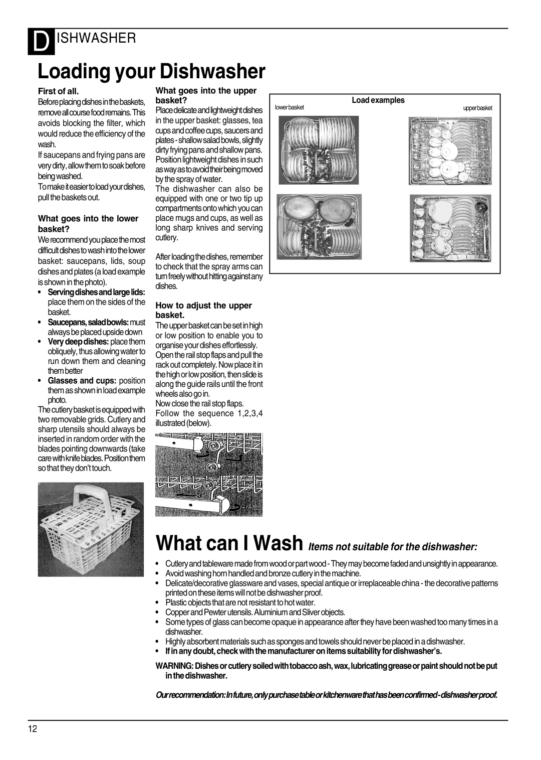 Hotpoint DWF40 Loading your Dishwasher, What goes into the lower basket?, What goes into the upper basket?, Load examples 