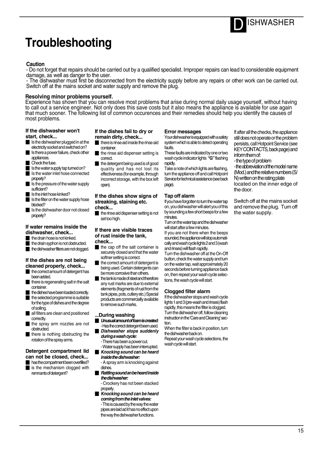 Hotpoint DWF40 manual Troubleshooting, Resolving minor problems yourself 