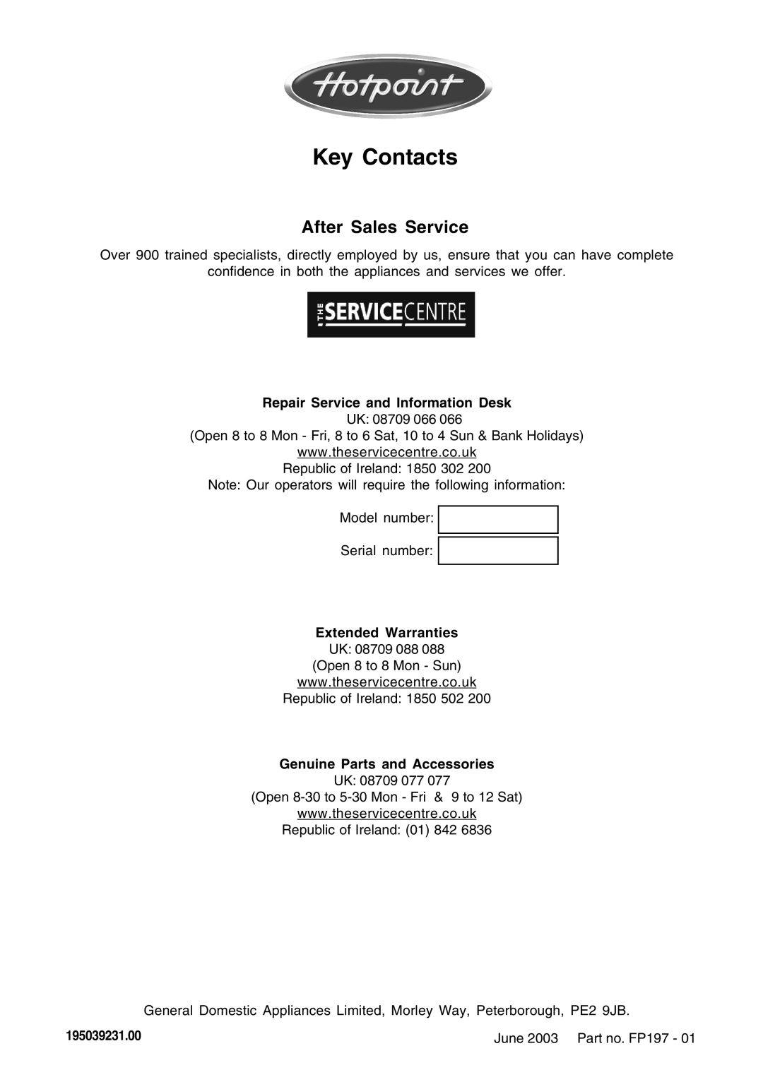 Hotpoint DWF40 Repair Service and Information Desk, Genuine Parts and Accessories, June 2003 Part no. FP197, 195039231.00 