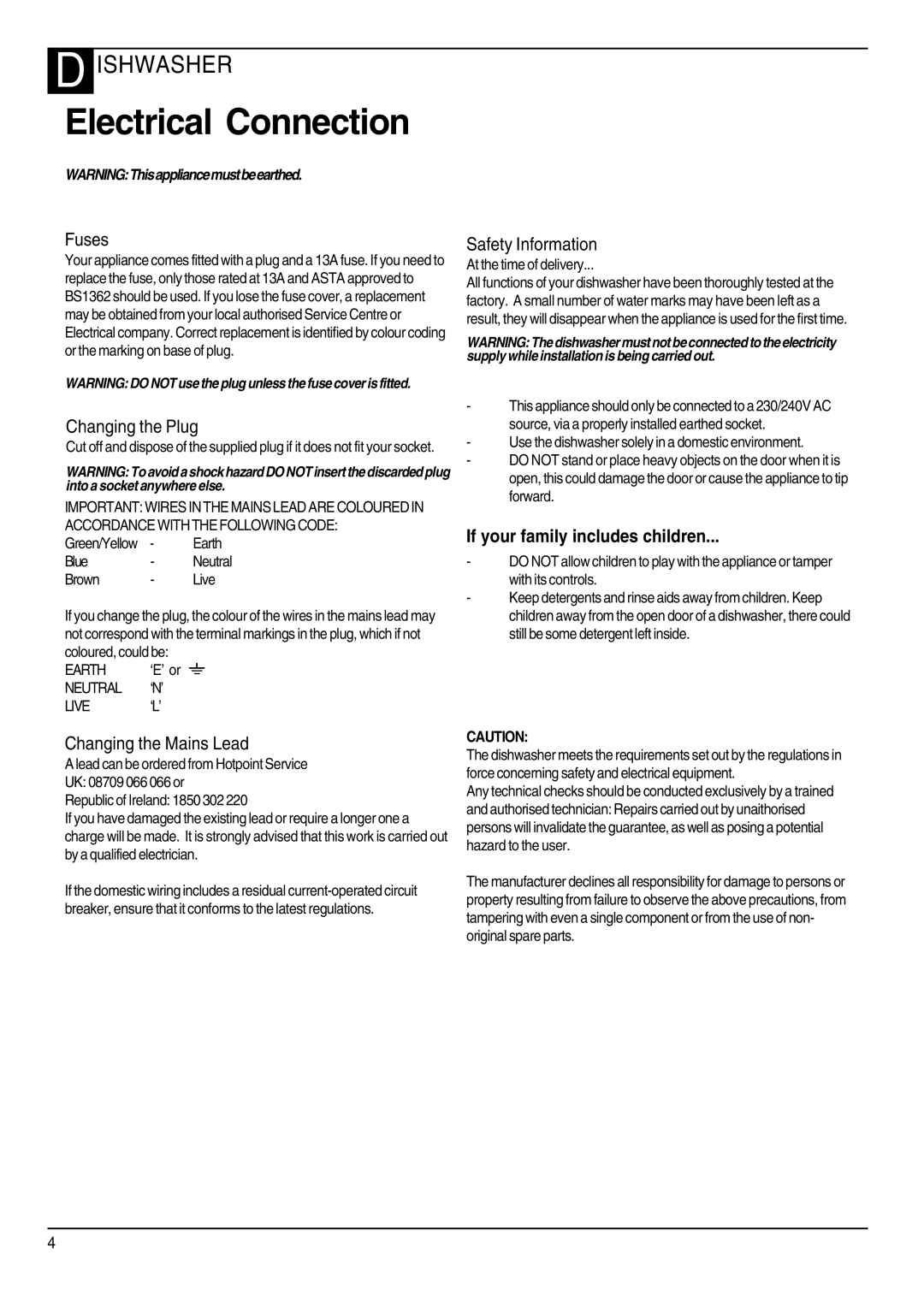 Hotpoint DWF40 manual Electrical Connection 