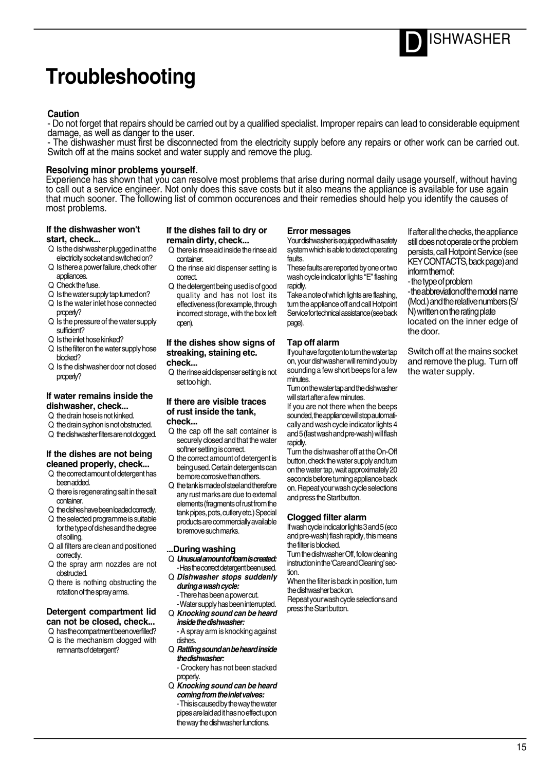 Hotpoint DWM55, DWF50 manual Troubleshooting, Resolving minor problems yourself 