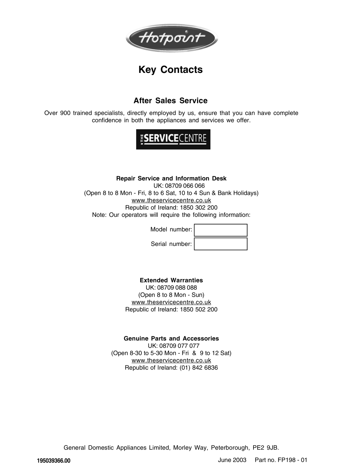 Hotpoint DWF50 Repair Service and Information Desk, Genuine Parts and Accessories, June 2003 Part no. FP198, 195039366.00 