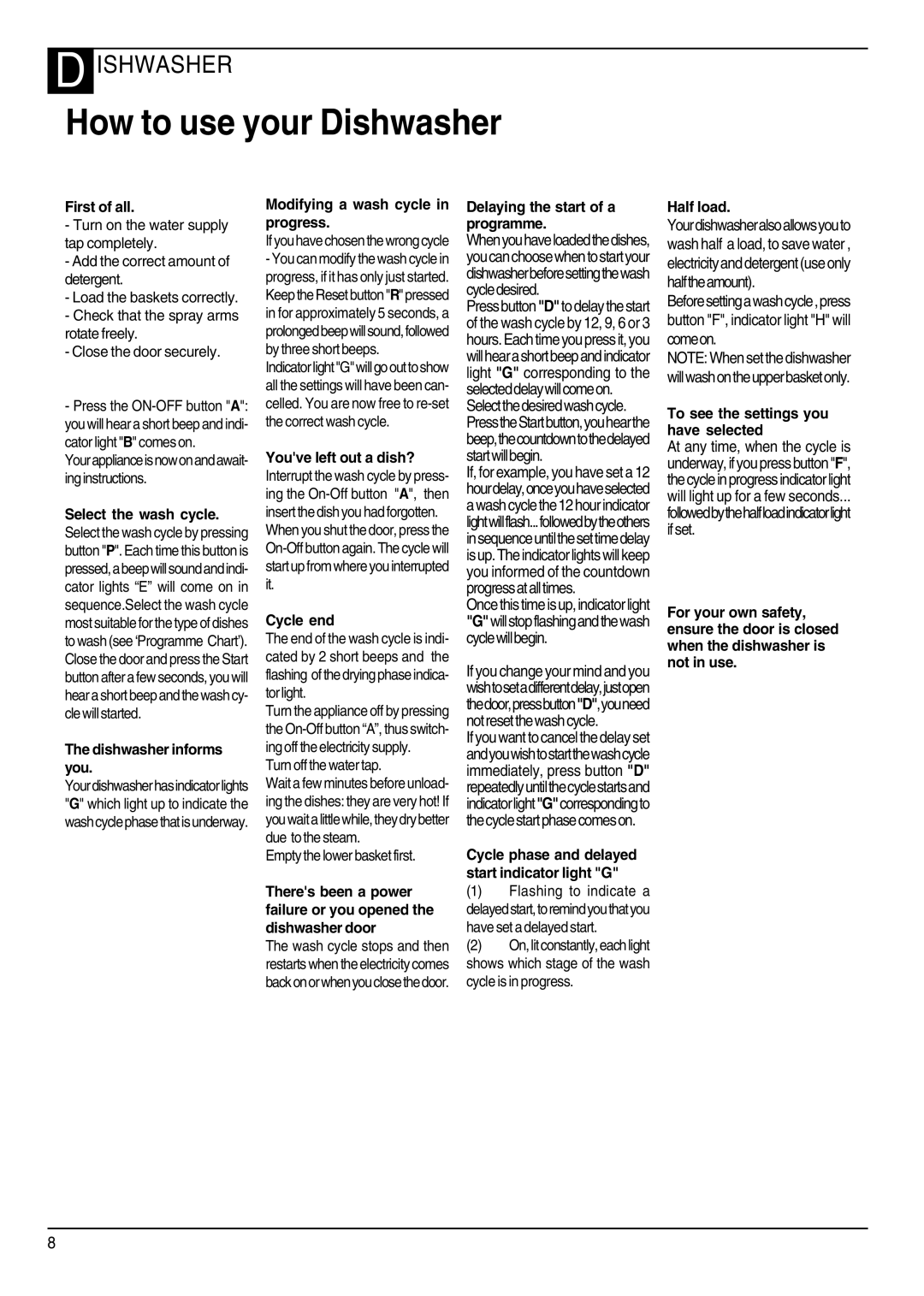 Hotpoint DWF50, DWM55 manual How to use your Dishwasher 