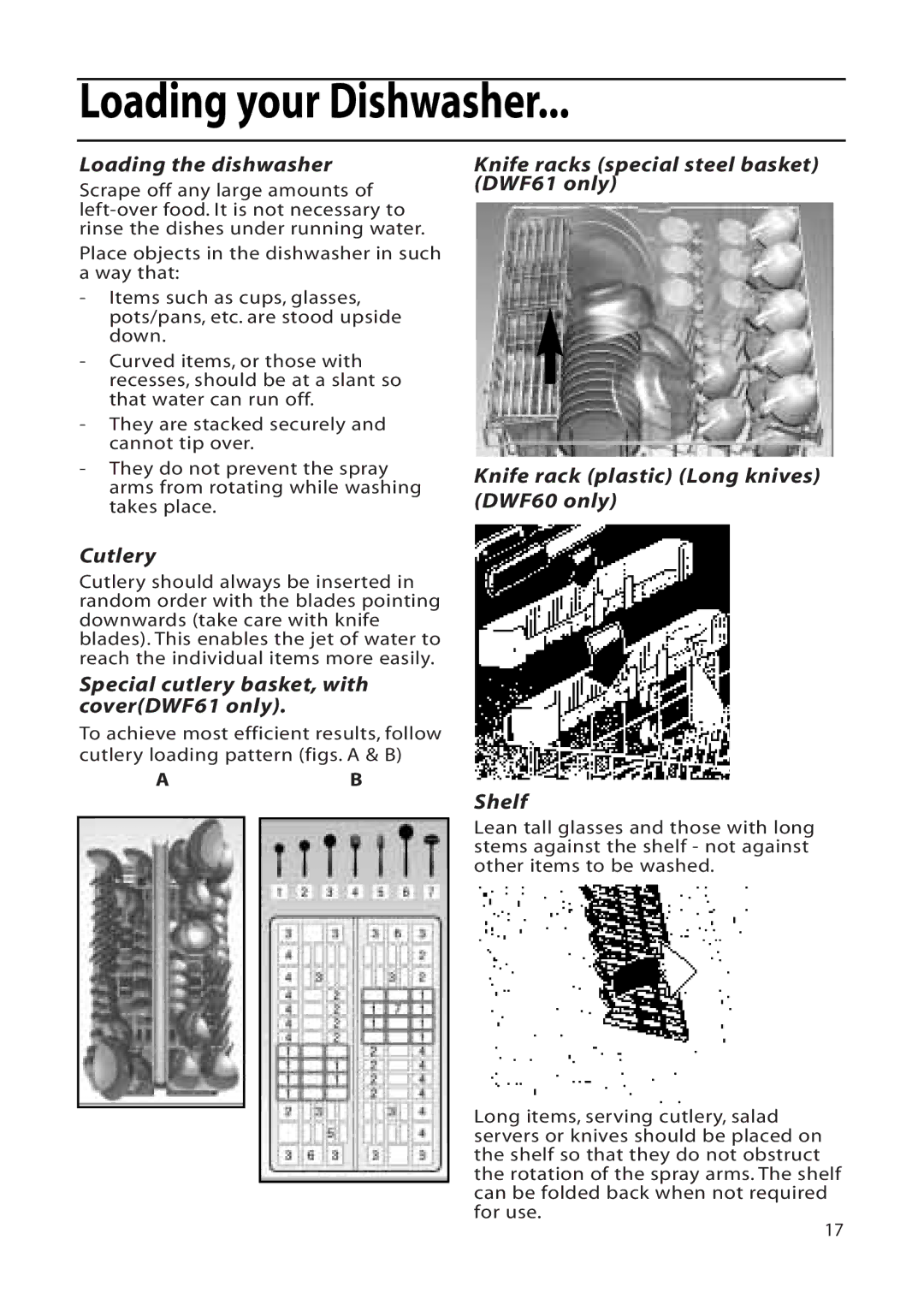 Hotpoint DWF60 Loading your Dishwasher, Loading the dishwasher, Special cutlery basket, with coverDWF61 only, Shelf 