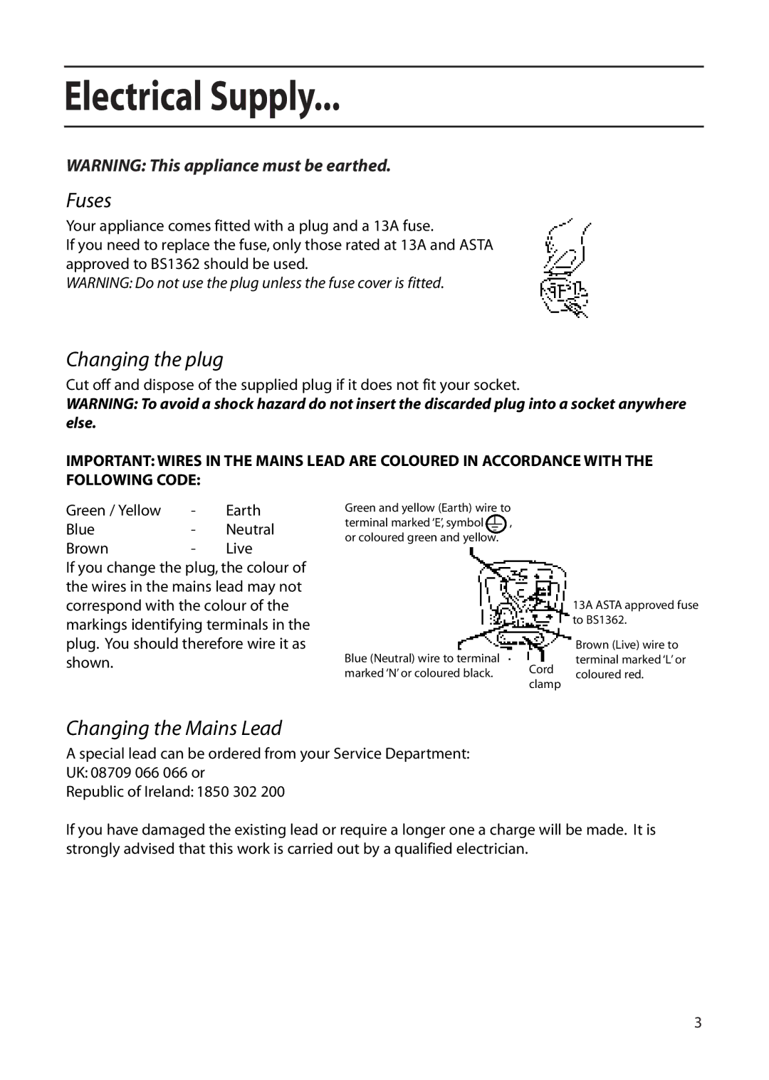 Hotpoint DWF60, DWF61 installation instructions Electrical Supply, Fuses 