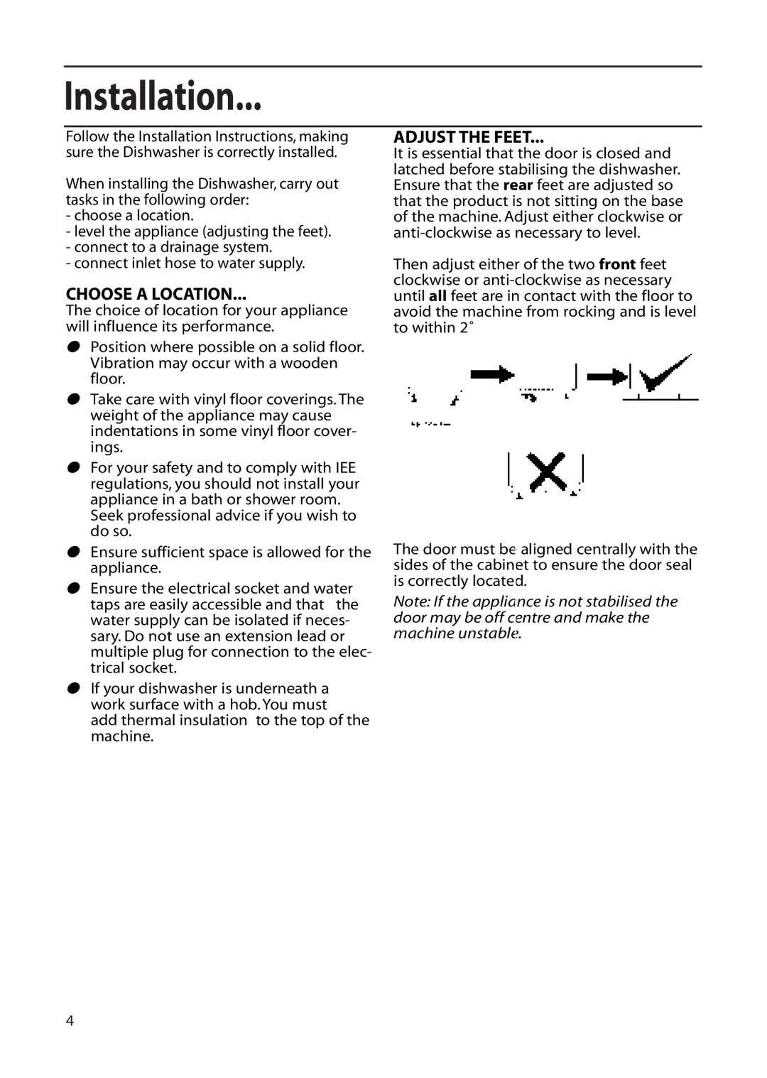 Hotpoint DWF61, DWF60 installation instructions Installation, Choose a Location, Adjust the Feet 