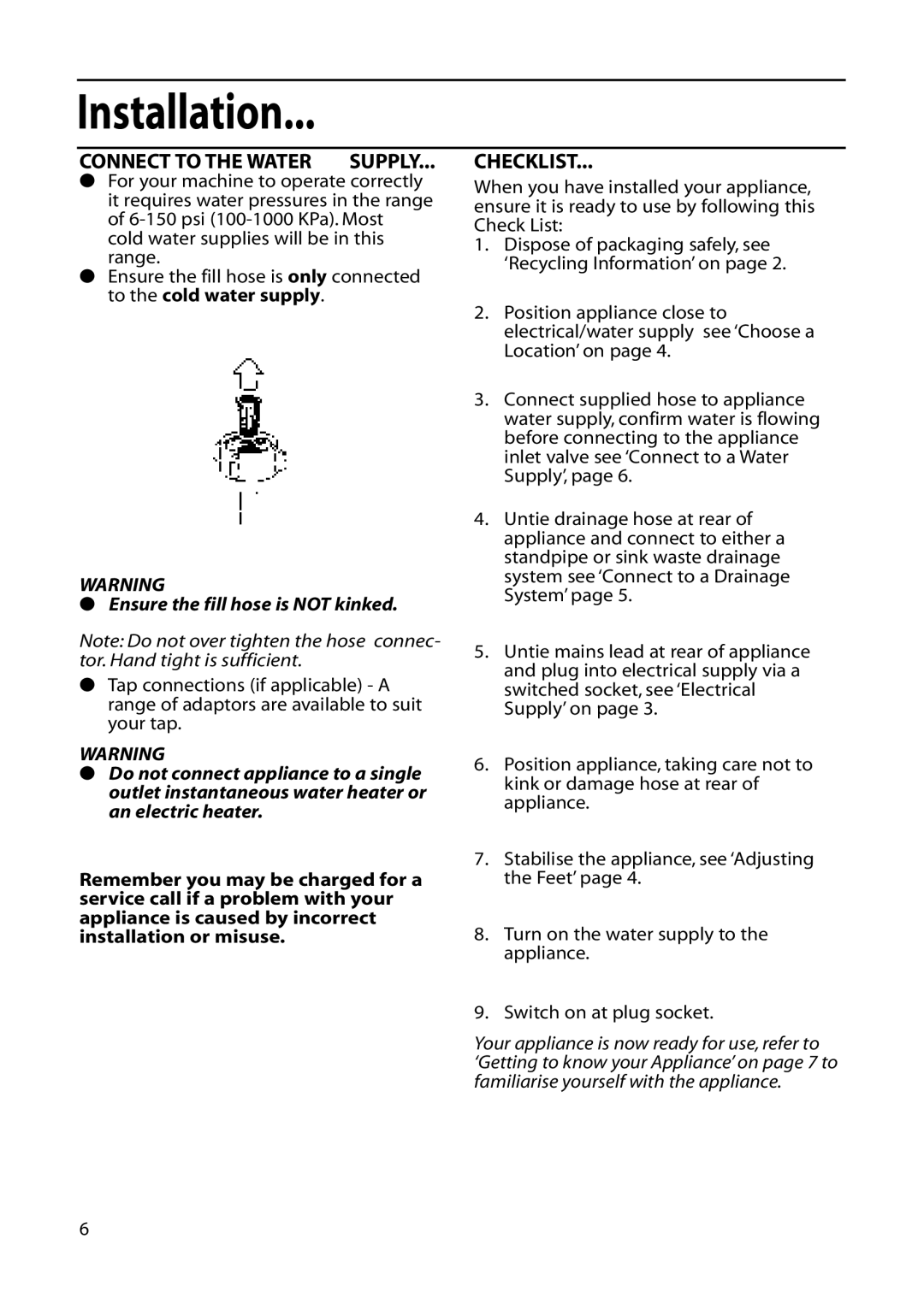 Hotpoint DWF61, DWF60 installation instructions Connect to the Water Supply, Checklist 