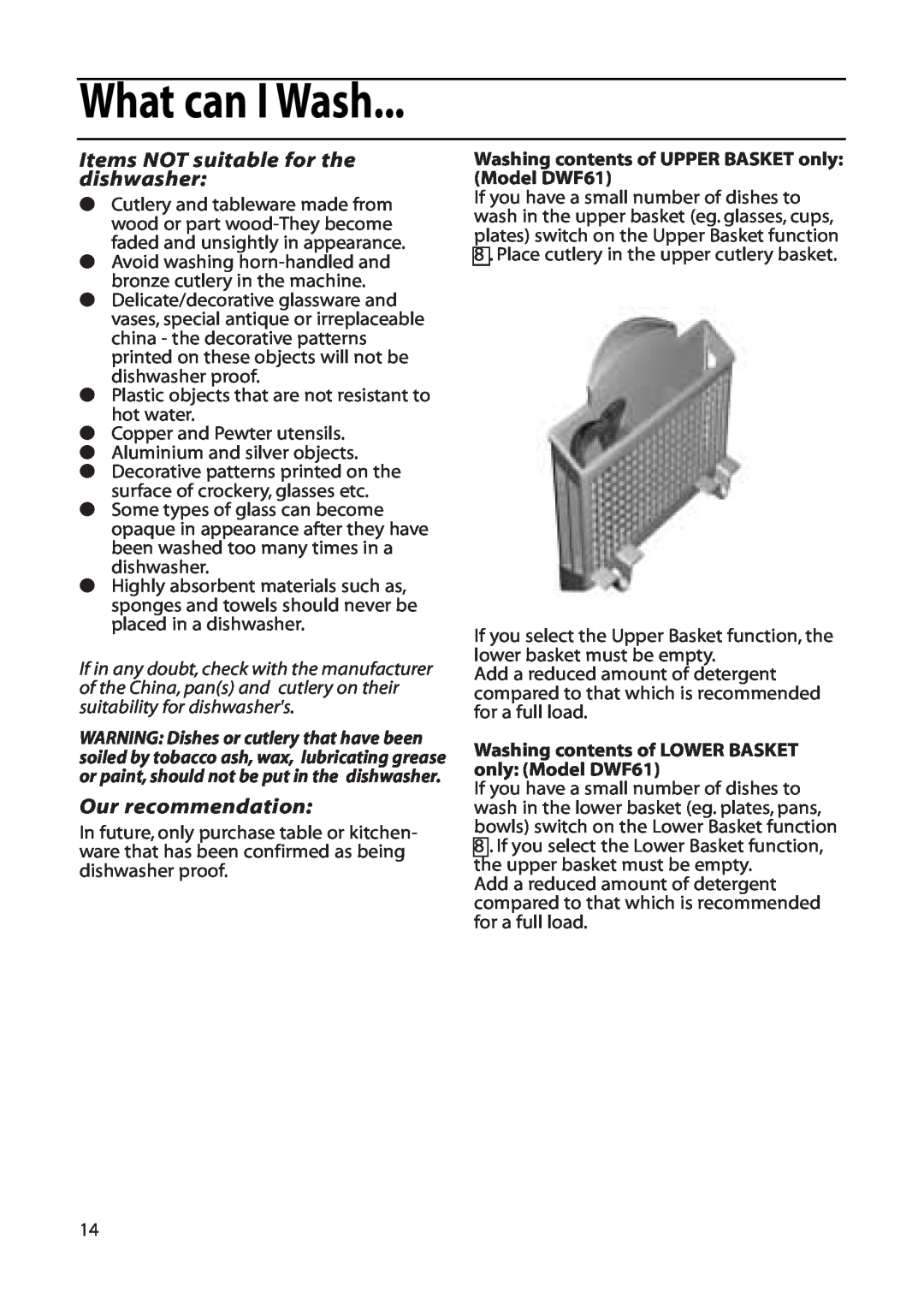 Hotpoint DWF61, DWF60 installation instructions What can I Wash, Items NOT suitable for the dishwasher, Our recommendation 