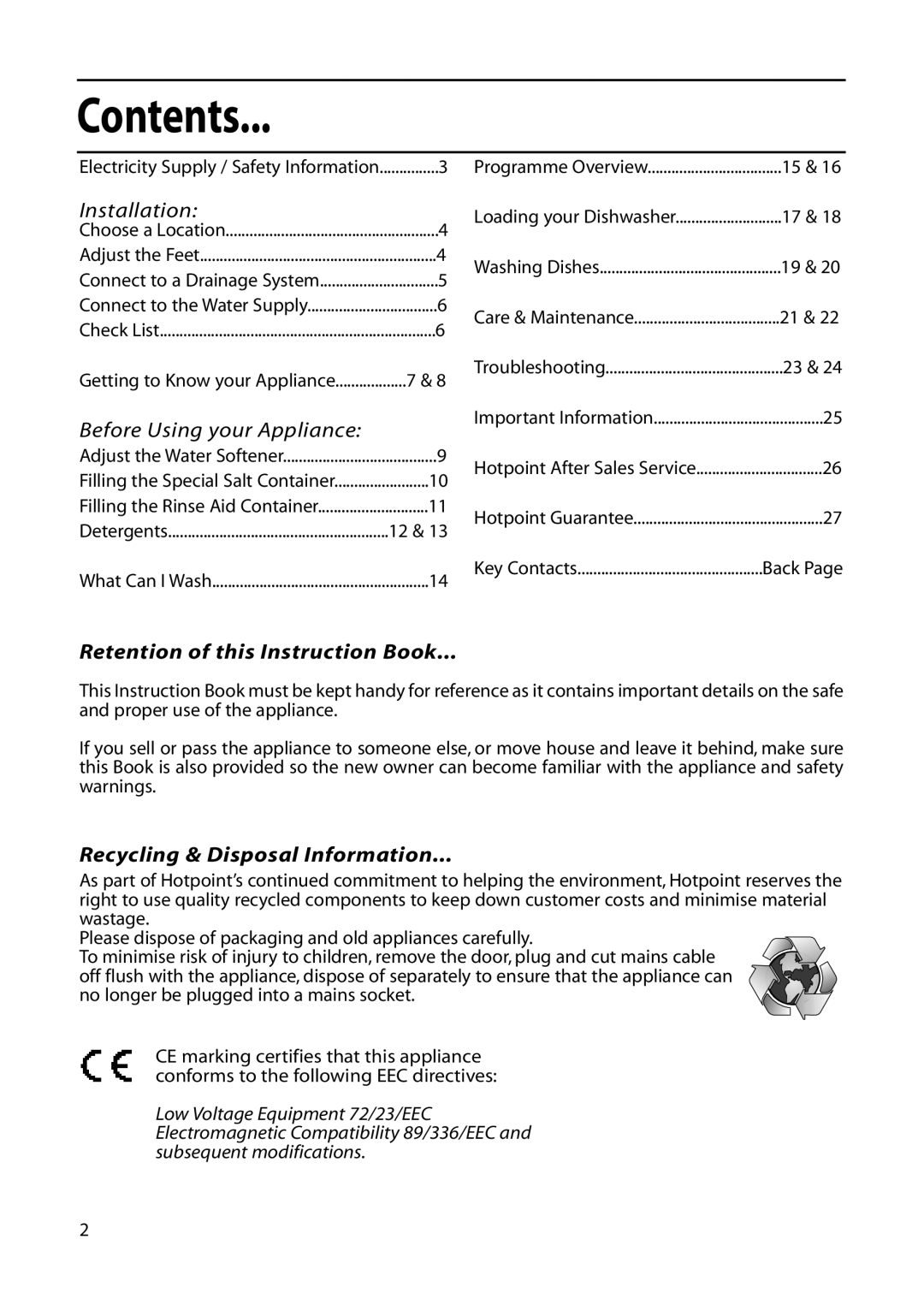 Hotpoint DWF61, DWF60 Contents, Installation, Before Using your Appliance, Retention of this Instruction Book 
