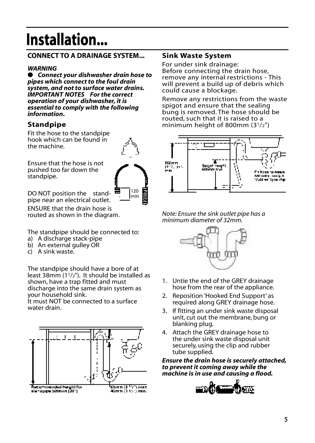Hotpoint DWF60, DWF61 installation instructions Connect To A Drainage System, Standpipe, Sink Waste System, Installation 