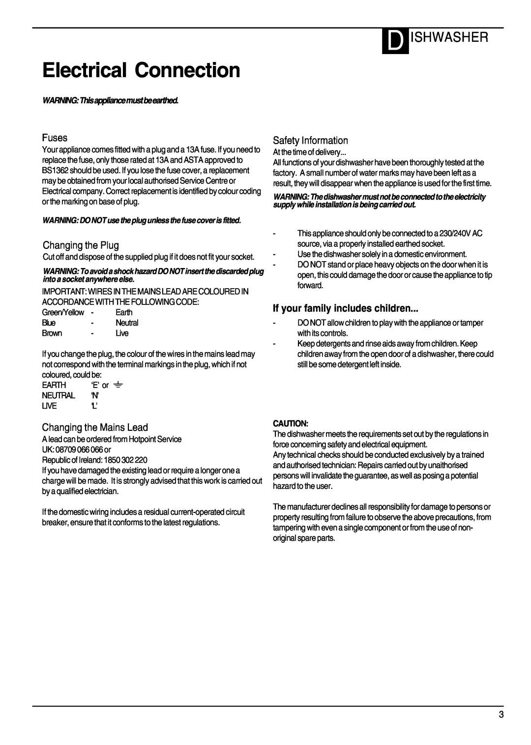 Hotpoint DWF70 Electrical Connection, D Ishwasher, Fuses, Changing the Plug, Safety Information, Changing the Mains Lead 