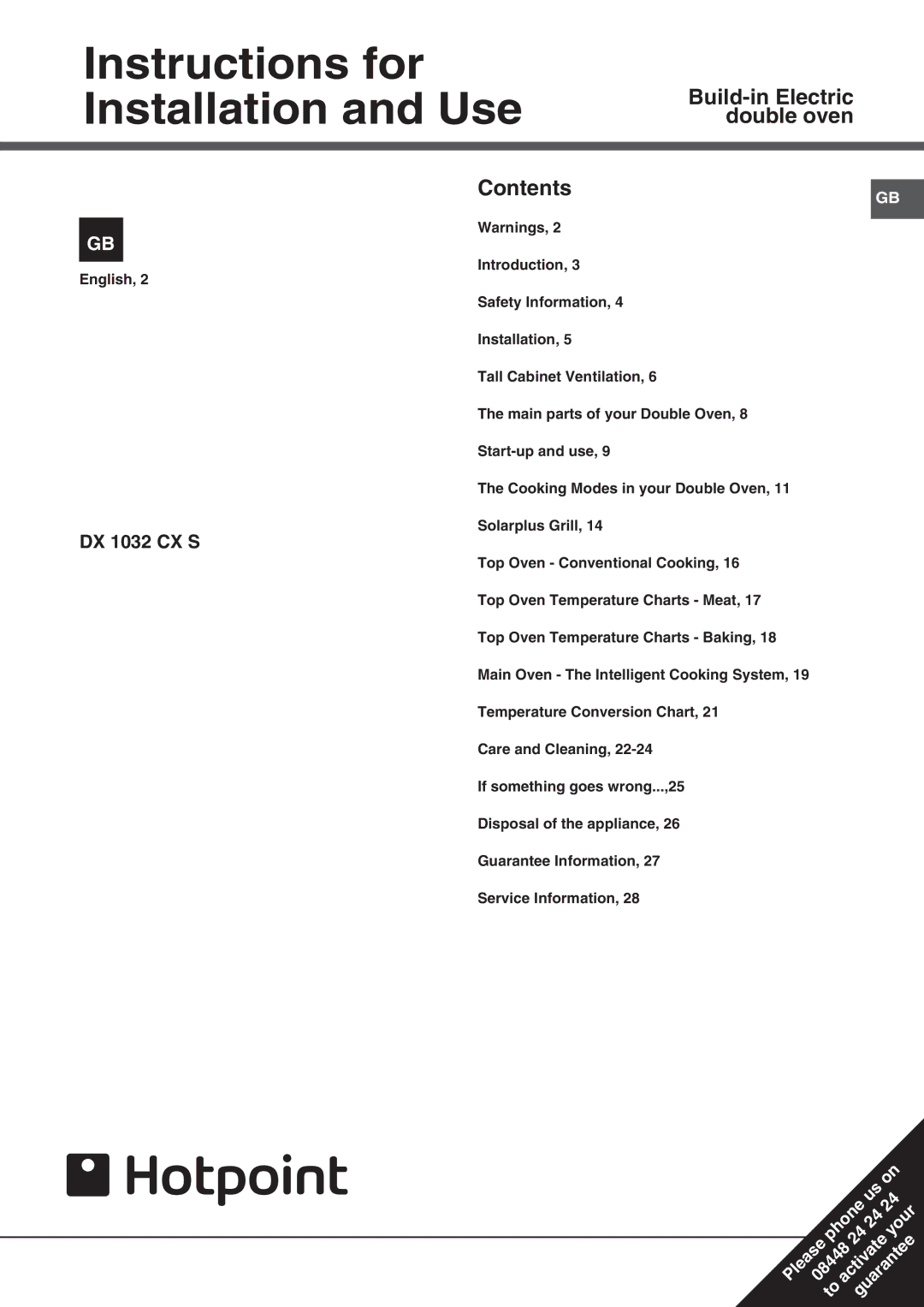 Hotpoint DX 1032 CX S manual Instructions for Installation and Use, Build-in Electric double oven Contents 