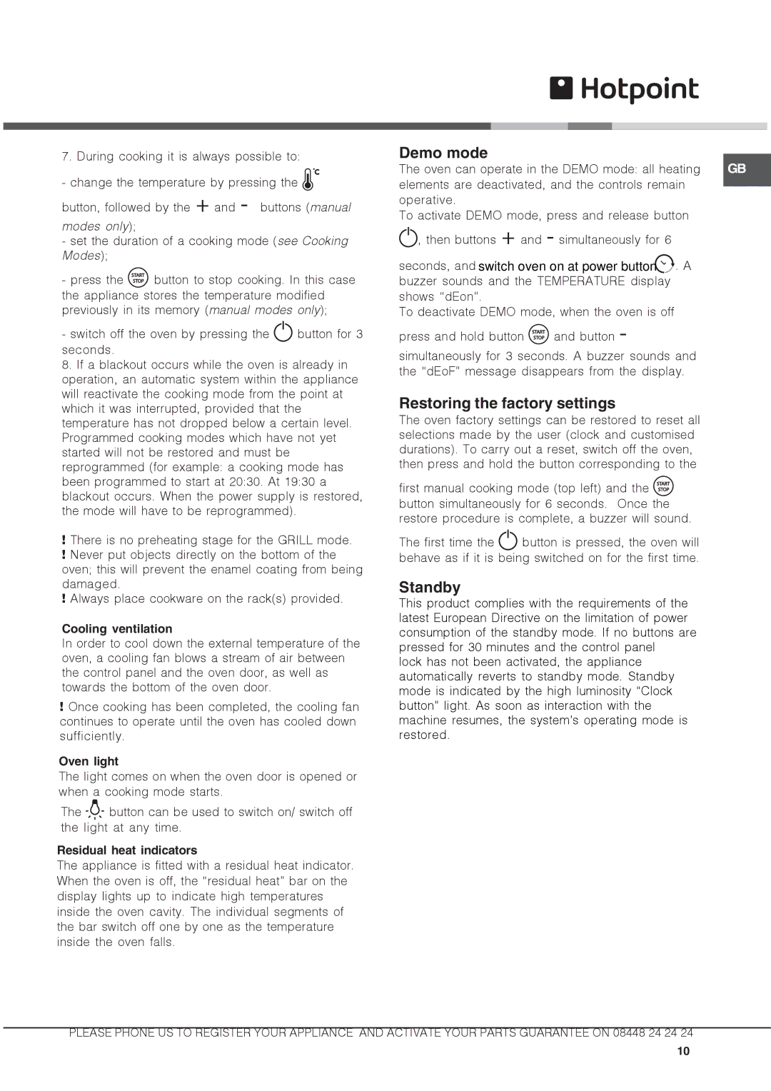 Hotpoint DX 1032 CX manual Demo mode, Restoring the factory settings, Standby 