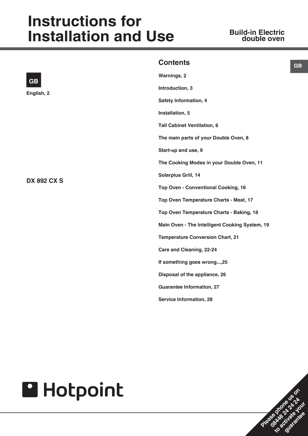 Hotpoint DX 892 CX S manual Instructions for Installation and Use, Build-in Electric double oven Contents 