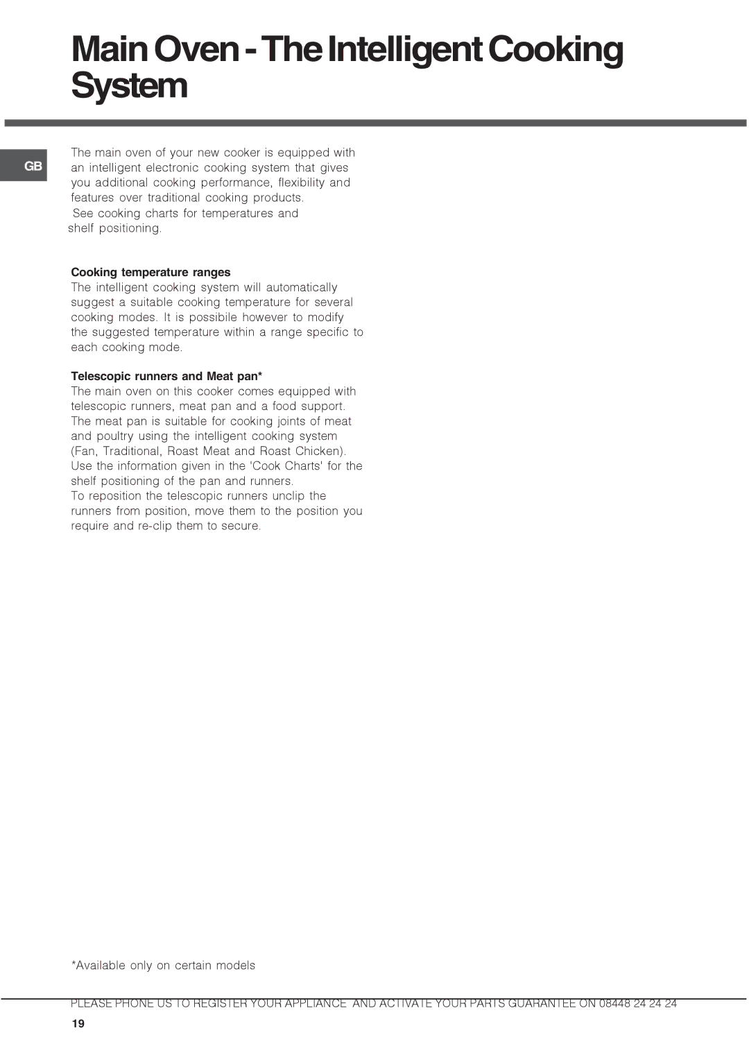 Hotpoint DX 892 CX manual Cooking temperature ranges, Telescopic runners and Meat pan 