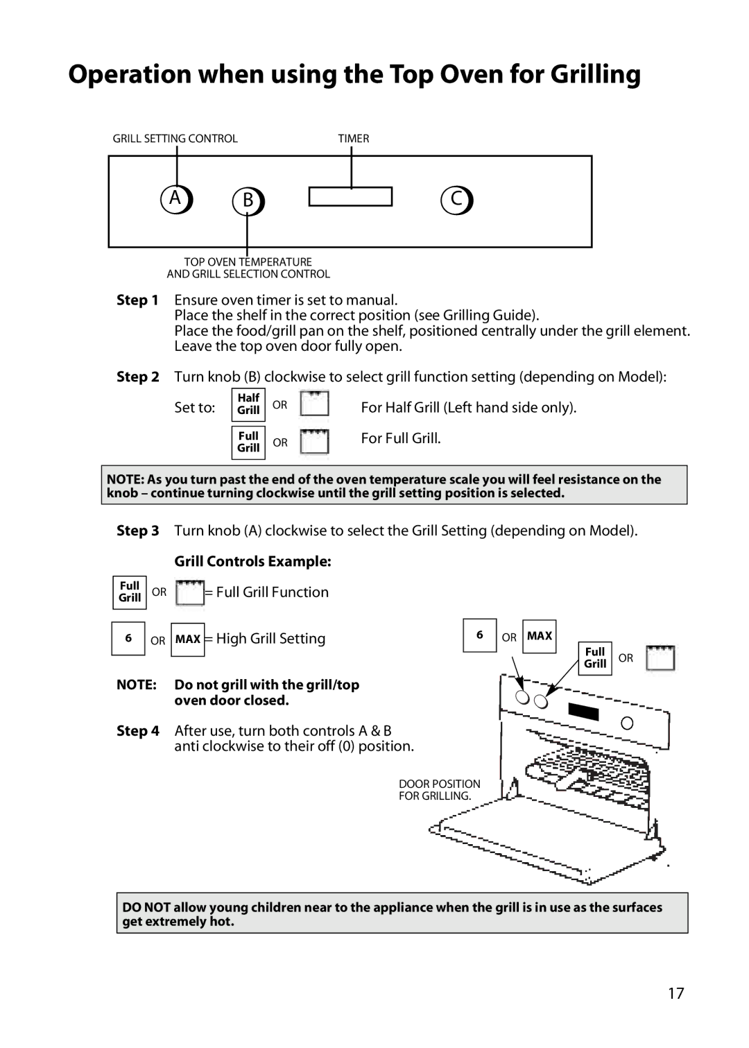 Hotpoint DY46 BD42 BD32 manual Operation when using the Top Oven for Grilling, Grill Controls Example, = High Grill Setting 