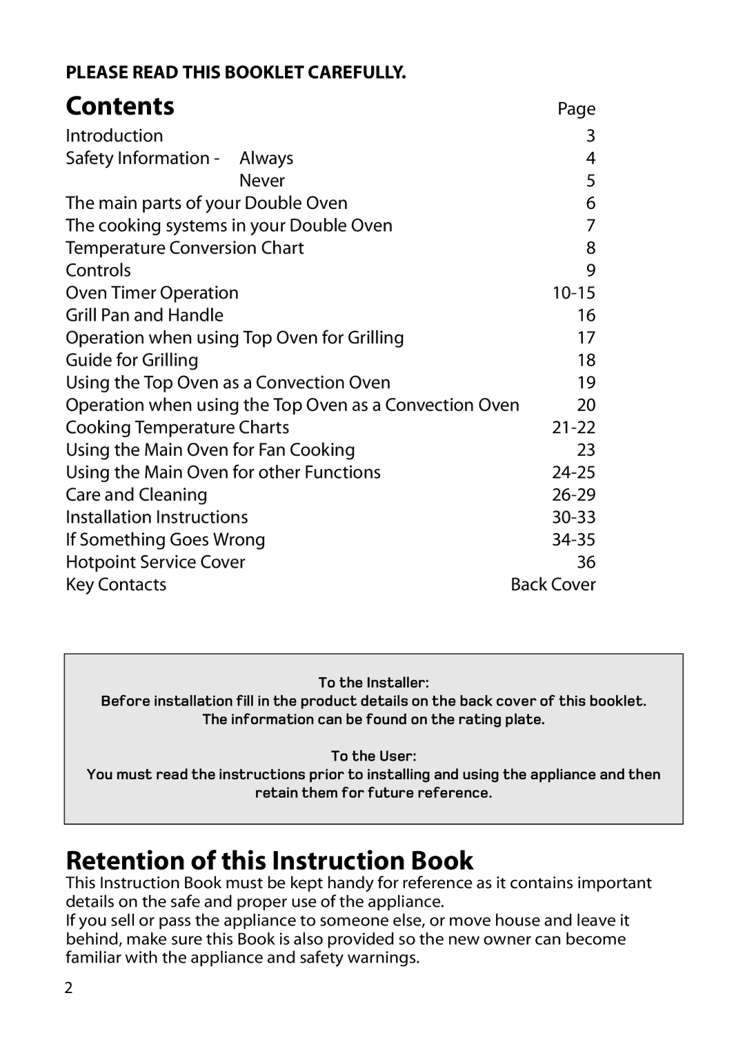 Hotpoint DY46 BD42 BD32 manual Contents, Retention of this Instruction Book 