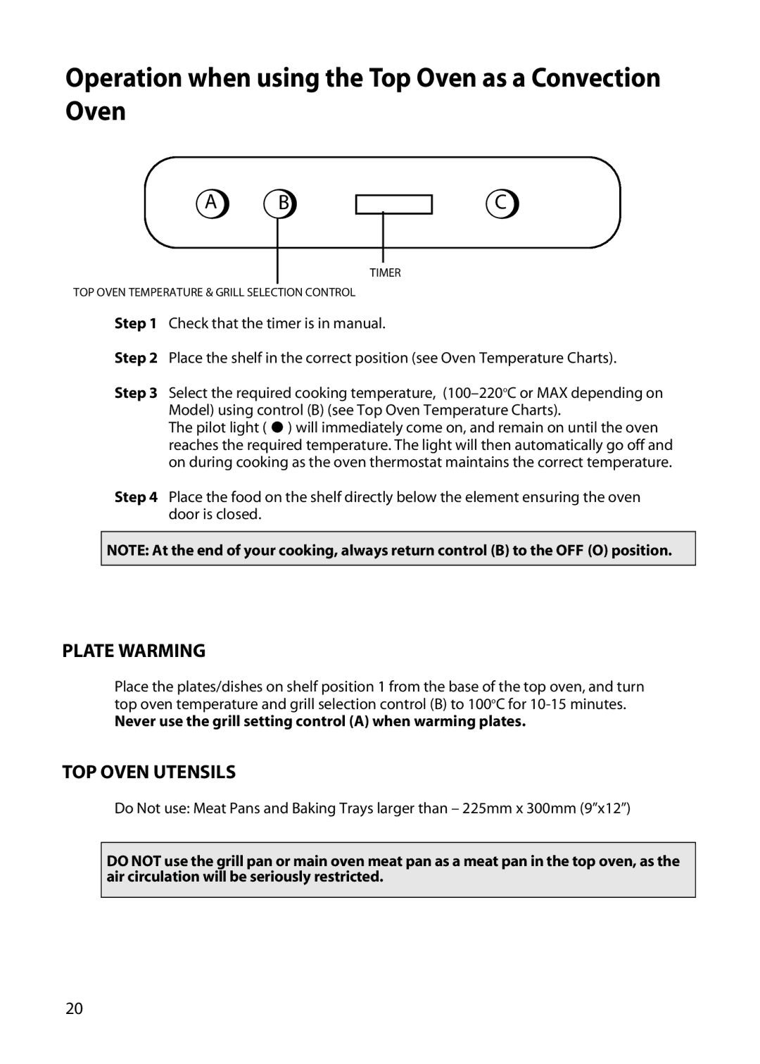 Hotpoint DY46 BD42 BD32 manual Operation when using the Top Oven as a Convection Oven, Plate Warming, TOP Oven Utensils 