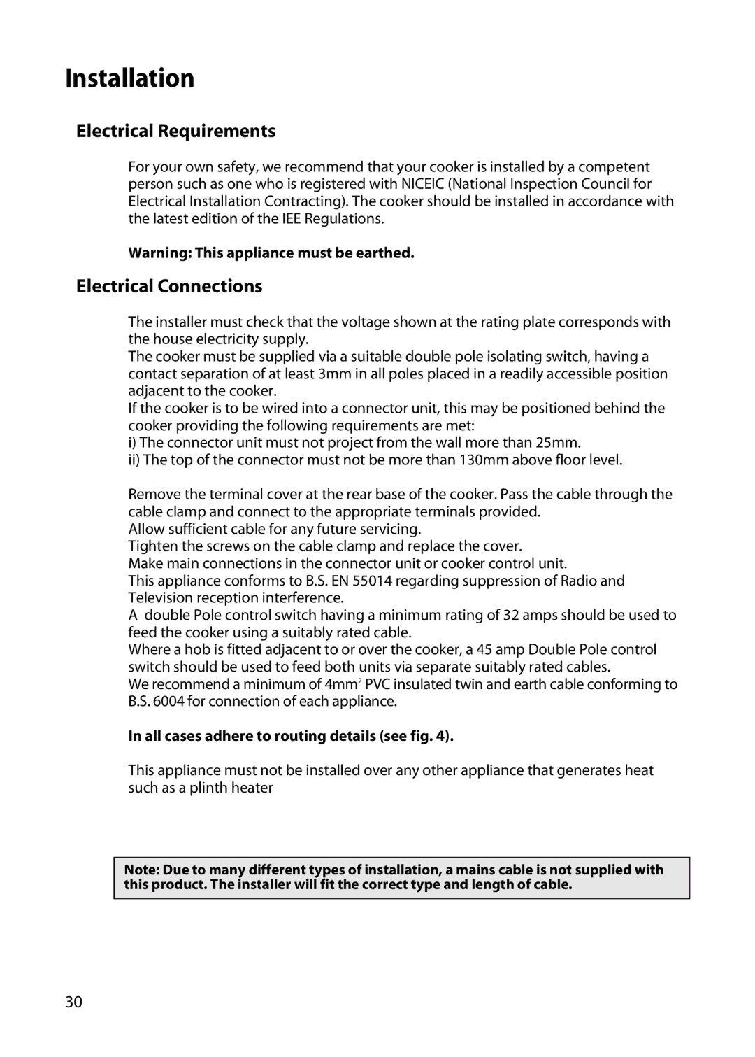 Hotpoint DY46 BD42 BD32 manual Installation, All cases adhere to routing details see fig 