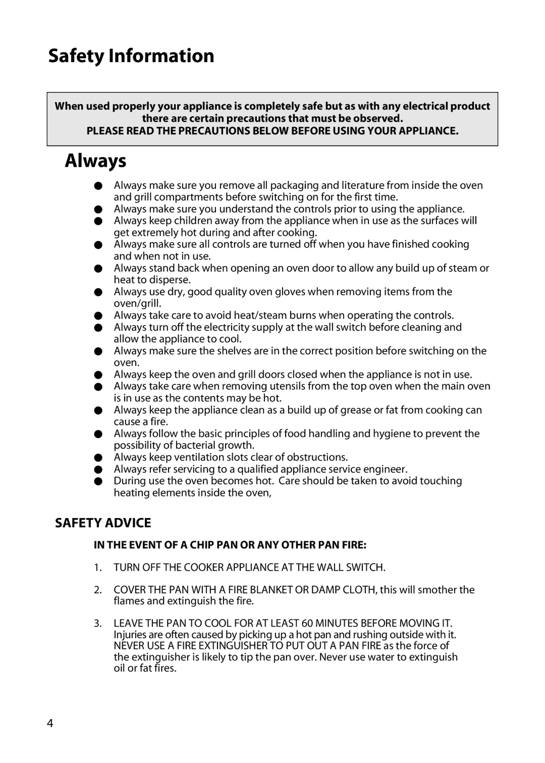 Hotpoint DY46 BD42 BD32 manual Safety Information, Always, Safety Advice 