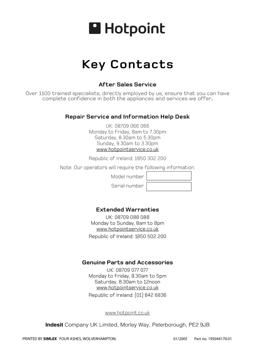 Hotpoint DY46 BD42 BD32 manual Key Contacts 