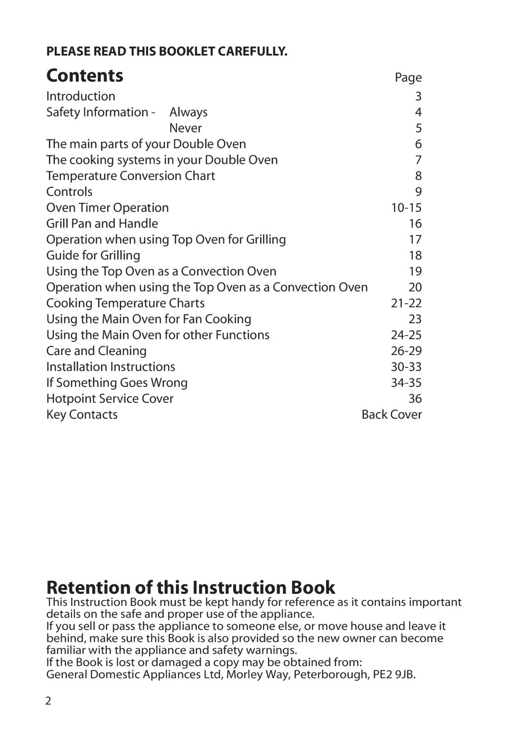 Hotpoint BD32, DY46, BD42 manual Contents, Retention of this Instruction Book 