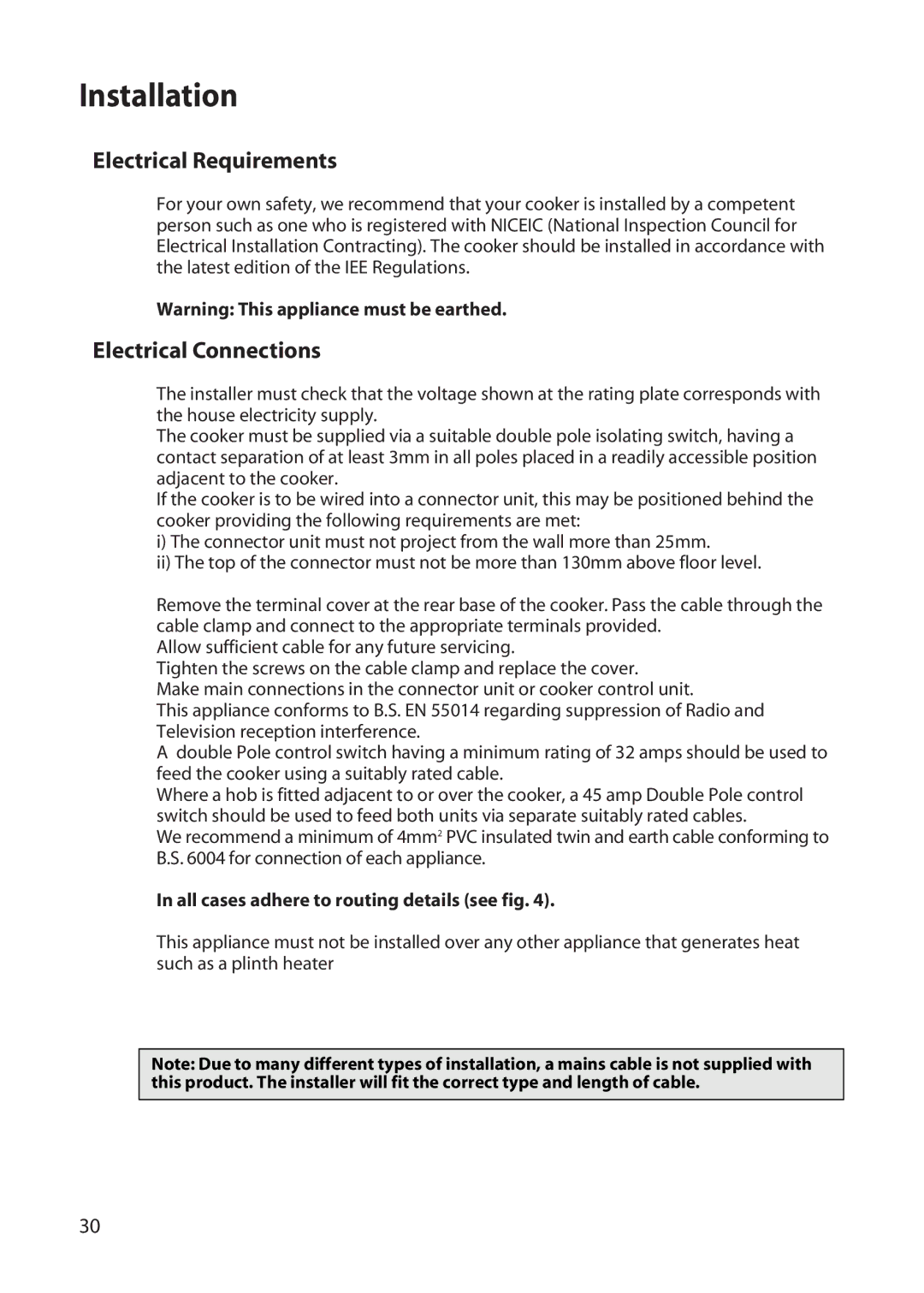 Hotpoint DY46, BD42, BD32 manual Installation, All cases adhere to routing details see fig 