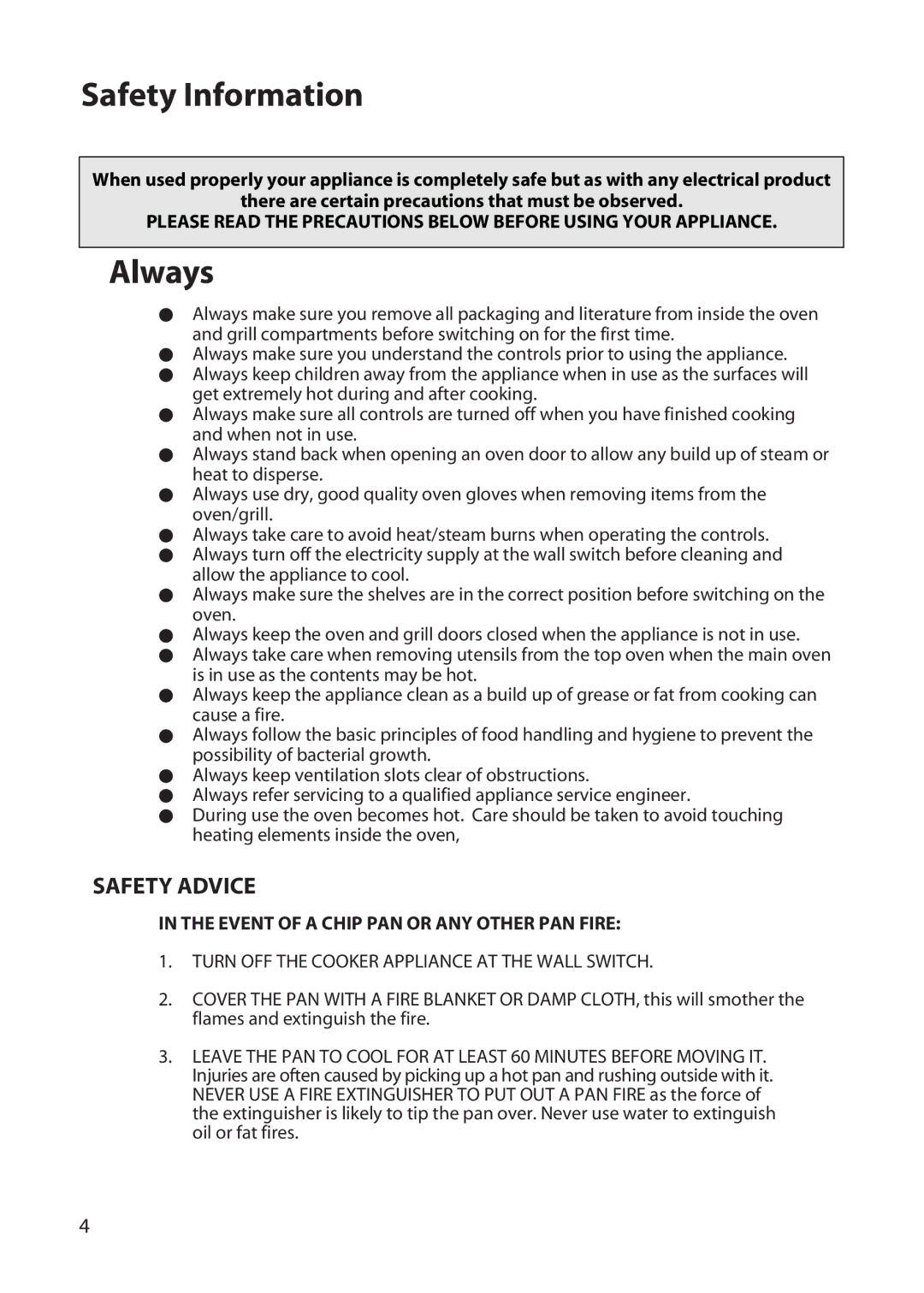 Hotpoint BD42, DY46, BD32 manual Safety Information, Always, Safety Advice 