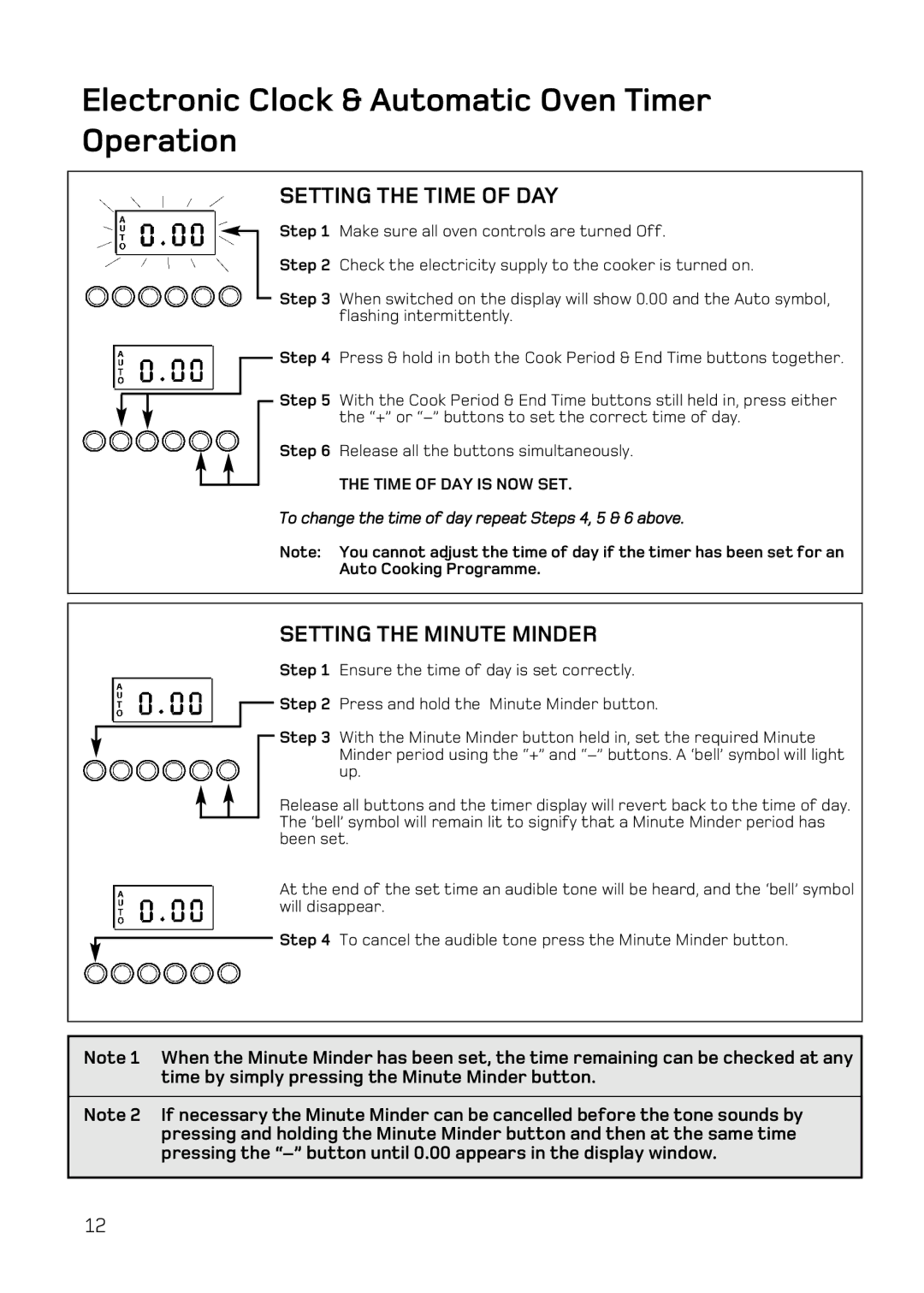 Hotpoint DY46 Mk2 Electronic Clock & Automatic Oven Timer Operation, Setting the Time of DAY, Setting the Minute Minder 