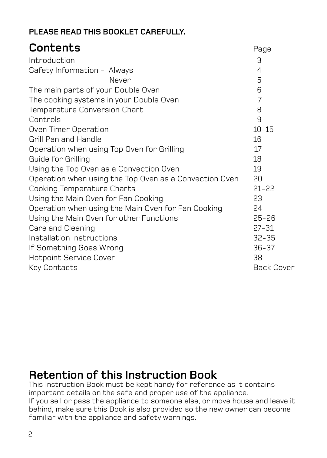 Hotpoint BD42 Mk2, DY46 Mk2, BD32 Mk2 manual Contents, Retention of this Instruction Book 