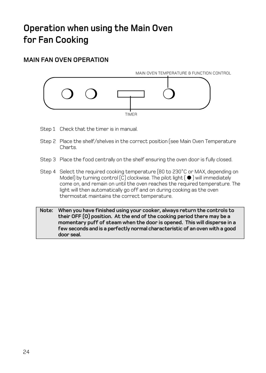 Hotpoint DY46 Mk2, BD32 Mk2, BD42 Mk2 manual Operation when using the Main Oven for Fan Cooking, Main FAN Oven Operation 