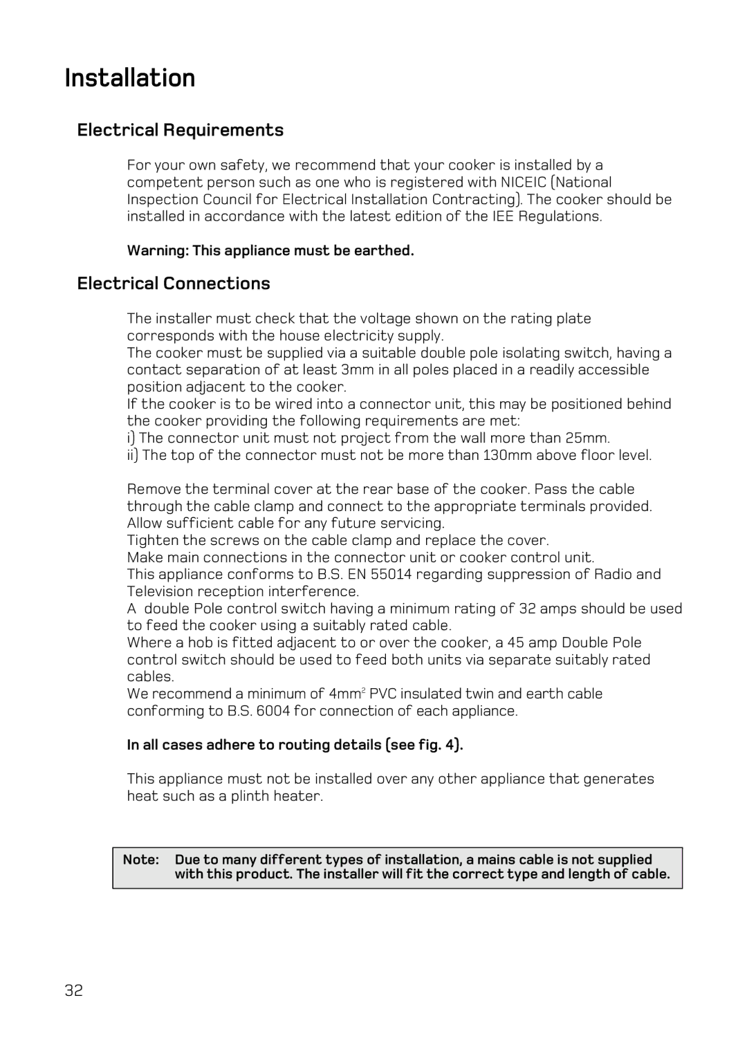 Hotpoint BD42 Mk2, DY46 Mk2, BD32 Mk2 manual Installation, All cases adhere to routing details see fig 