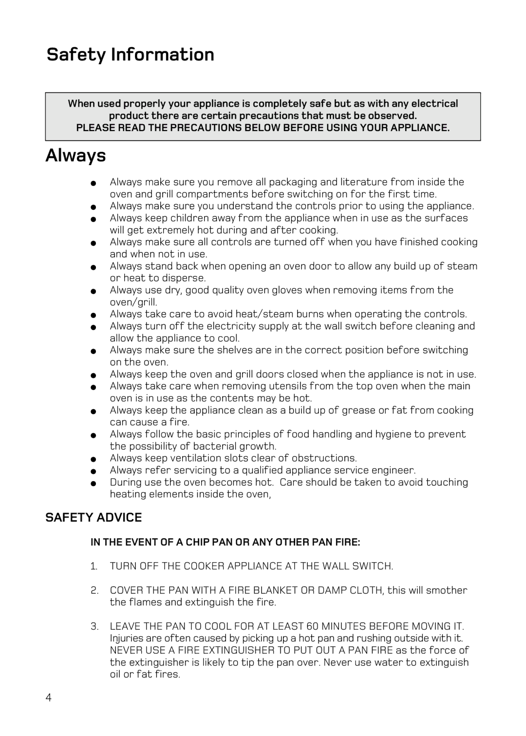 Hotpoint BD32 Mk2, DY46 Mk2, BD42 Mk2 manual Safety Information, Always, Safety Advice 