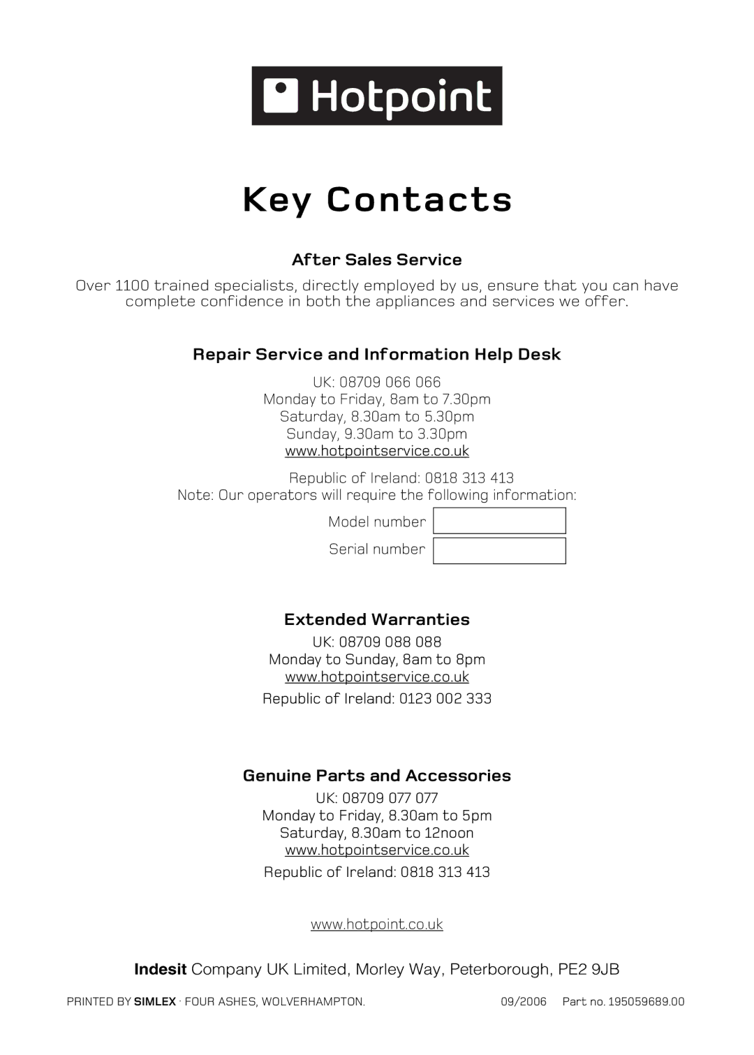 Hotpoint BD32 Mk2, DY46 Mk2, BD42 Mk2 After Sales Service, Repair Service and Information Help Desk, Extended Warranties 